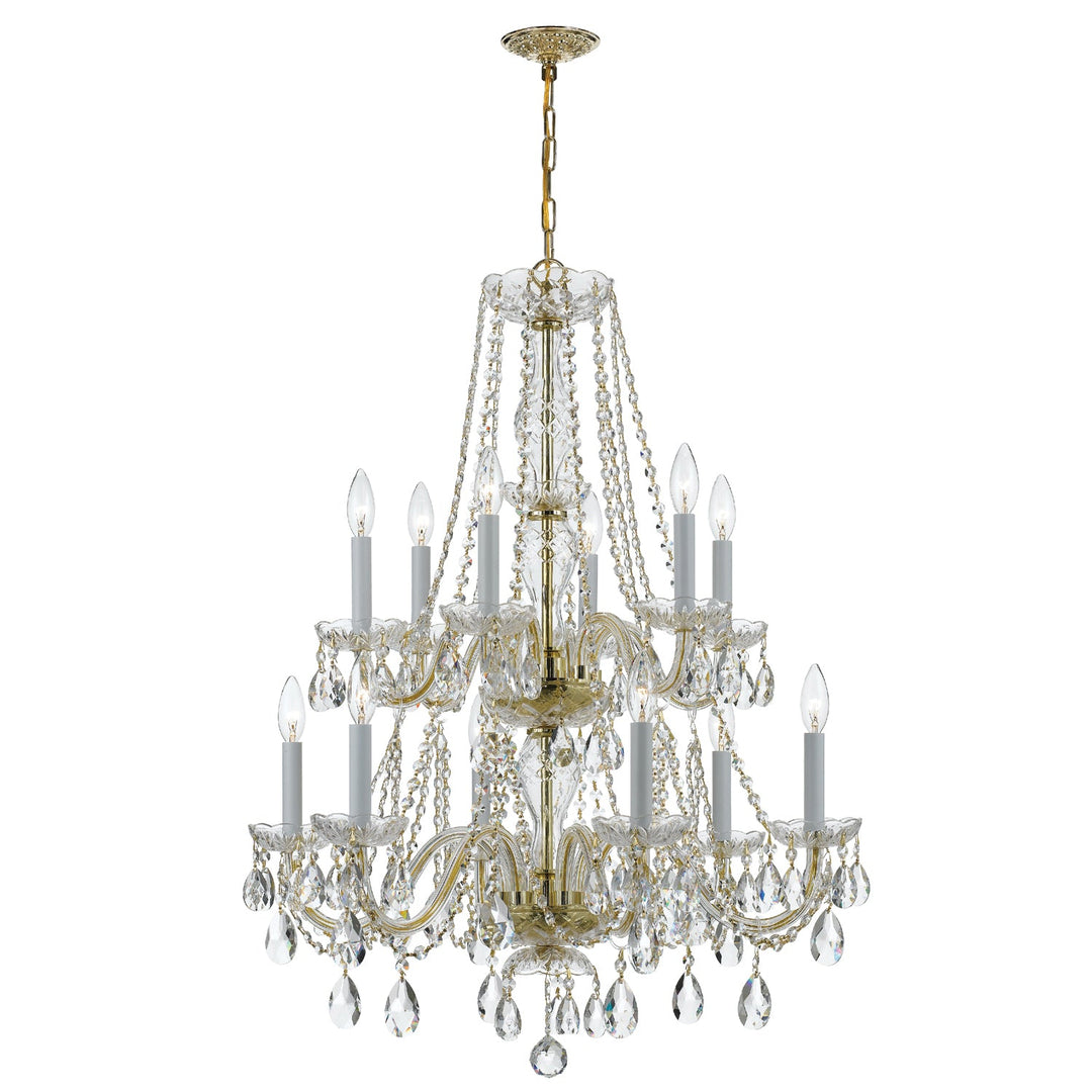 ##Antique Hardware## Traditional Crystal 12 Light Swarovski Strass Crystal Polished Brass Chandelier
