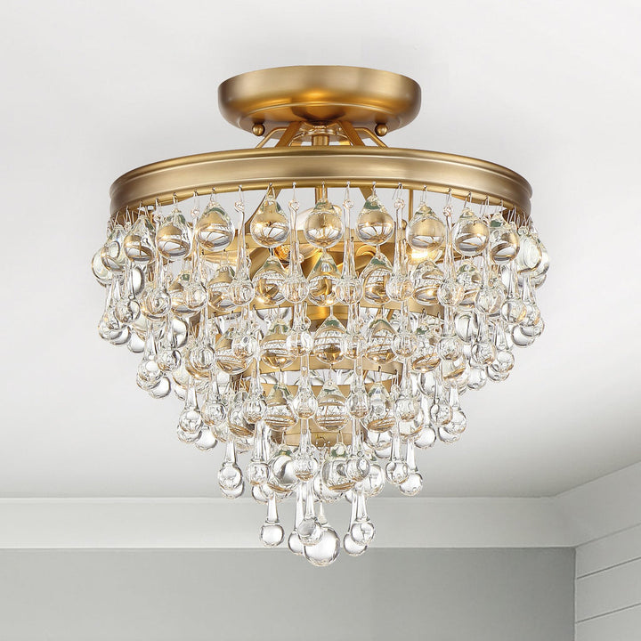 ##Antique Hardware## Calypso 3 Light Crystal Teardrop Vibrant Gold Semi Flush Mount