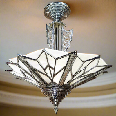 Antique Hardware 17 Inch Classic Art Deco Close Ceiling Light with White Stained Glass (Polished Chrome Finish) ART DECO LIGHTING