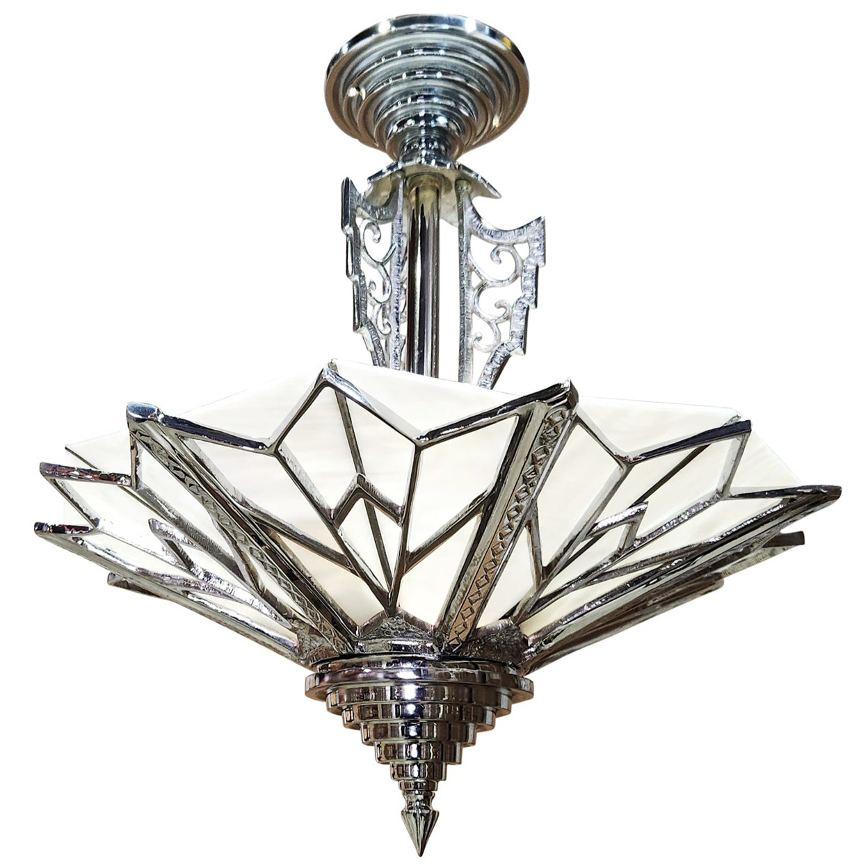 Antique Hardware 17 Inch Classic Art Deco Close Ceiling Light with White Stained Glass (Polished Chrome Finish) ART DECO LIGHTING