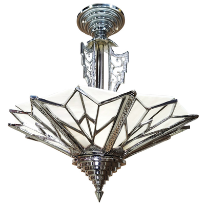Antique Hardware 17 Inch Classic Art Deco Close Ceiling Light with White Stained Glass (Polished Chrome Finish) ART DECO LIGHTING