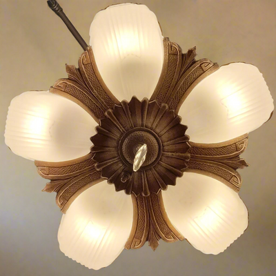 Antique Hardware 38 Inch Theatre Style 5-Light Antique Chandelier With Slipshades Chandeliers