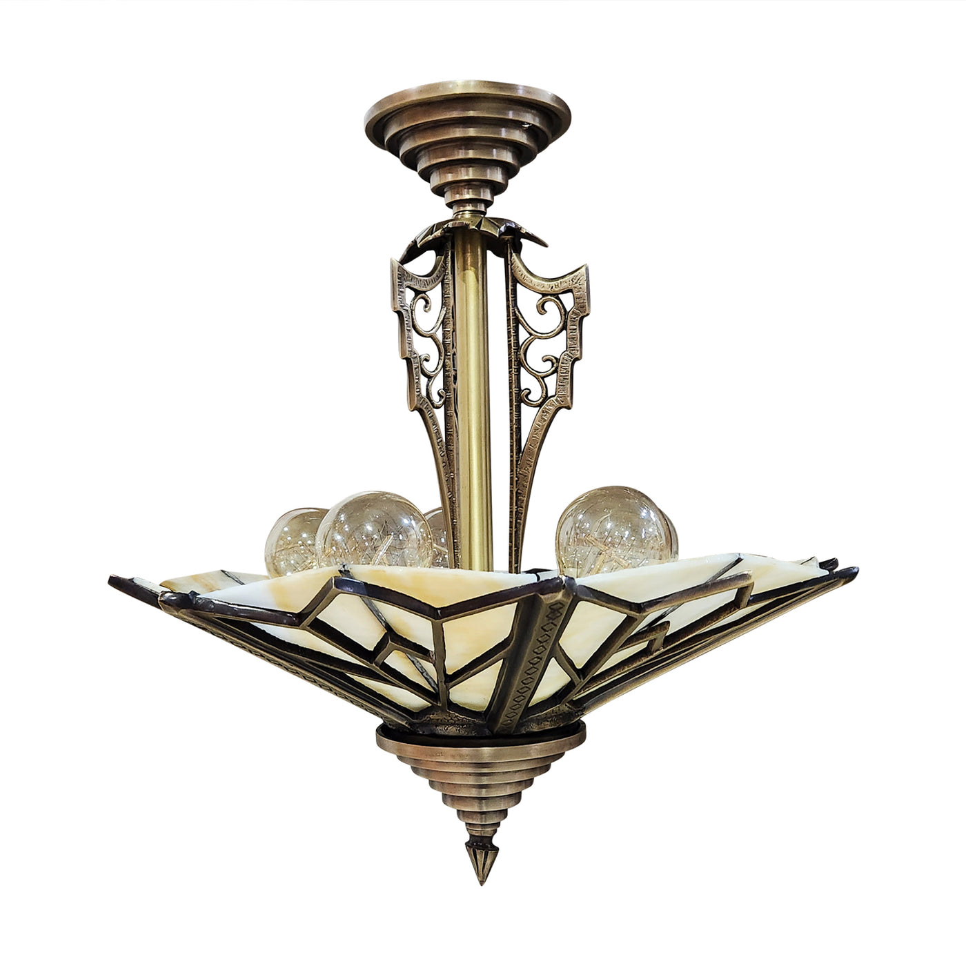 Antique Hardware 17 Inch Classic Art Deco Close Ceiling Light with Pink Champagne Glass (Antique Brass Finish) ART DECO LIGHTING