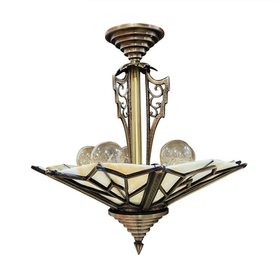 Antique Hardware 17 Inch Classic Art Deco Close Ceiling Light with Pink Champagne Glass (Antique Brass Finish) ART DECO LIGHTING