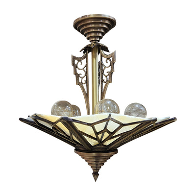 Antique Hardware 17 Inch Classic Art Deco Close Ceiling Light with Pink Champagne Glass (Antique Brass Finish) ART DECO LIGHTING