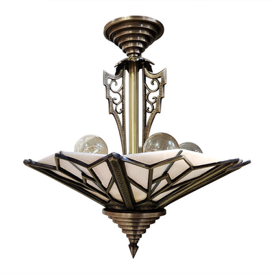 Antique Hardware 17 Inch Classic Art Deco Close Ceiling Light with Pink Champagne Glass (Antique Brass Finish) ART DECO LIGHTING