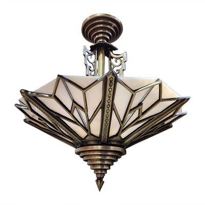 Antique Hardware 17 Inch Classic Art Deco Close Ceiling Light with Pink Champagne Glass (Antique Brass Finish) ART DECO LIGHTING