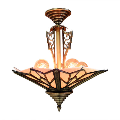 Antique Hardware 17 Inch Classic Art Deco Close Ceiling Light with Pink Champagne Glass (Antique Brass Finish) ART DECO LIGHTING
