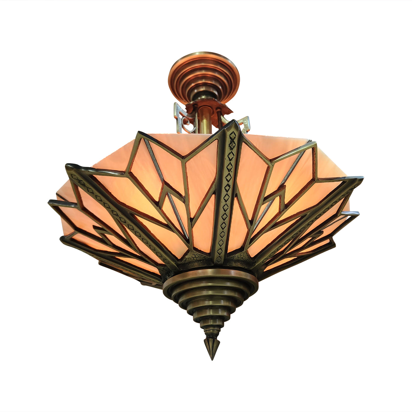 Antique Hardware 17 Inch Classic Art Deco Close Ceiling Light with Pink Champagne Glass (Antique Brass Finish) ART DECO LIGHTING