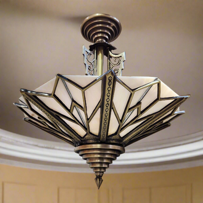Antique Hardware 17 Inch Classic Art Deco Close Ceiling Light with Pink Champagne Glass (Antique Brass Finish) ART DECO LIGHTING