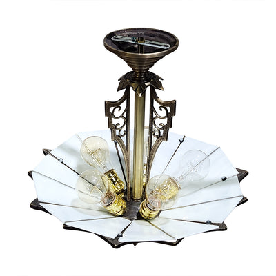 Antique Hardware 17 Inch Classic Art Deco Close Ceiling Light with White Stained Glass (Antique Brass Finish) ART DECO LIGHTING