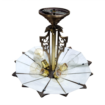 Antique Hardware 17 Inch Classic Art Deco Close Ceiling Light with White Stained Glass (Antique Brass Finish) ART DECO LIGHTING