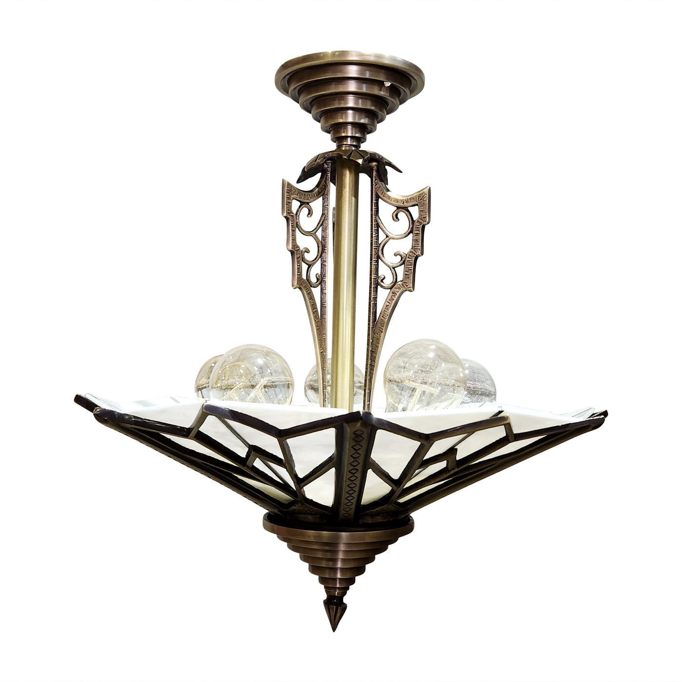 Antique Hardware 17 Inch Classic Art Deco Close Ceiling Light with White Stained Glass (Antique Brass Finish) ART DECO LIGHTING
