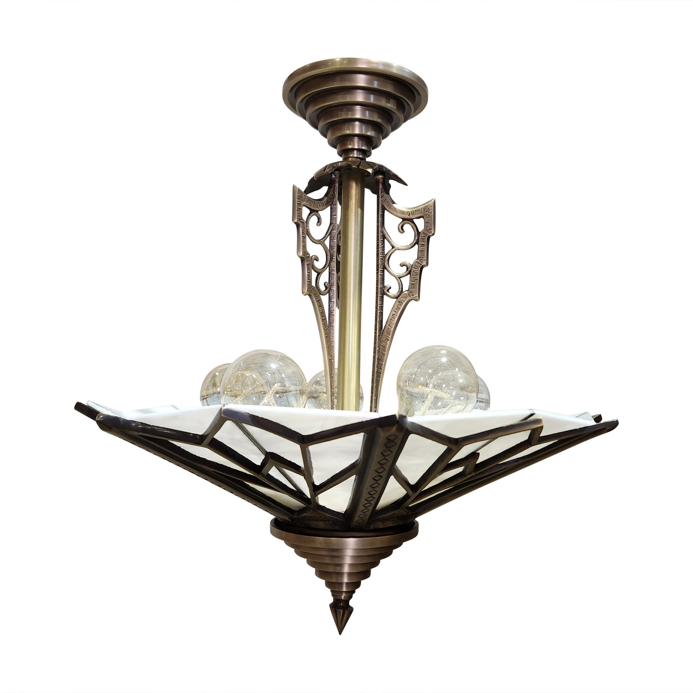 Antique Hardware 17 Inch Classic Art Deco Close Ceiling Light with White Stained Glass (Antique Brass Finish) ART DECO LIGHTING