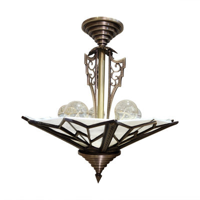 Antique Hardware 17 Inch Classic Art Deco Close Ceiling Light with White Stained Glass (Antique Brass Finish) ART DECO LIGHTING
