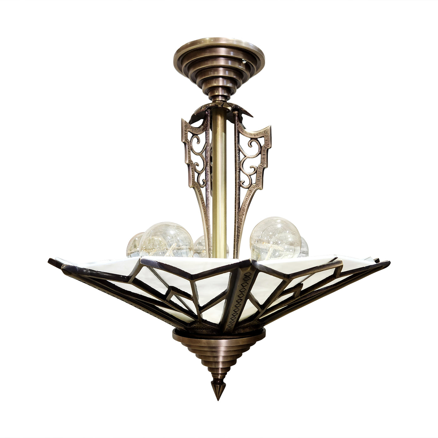 Antique Hardware 17 Inch Classic Art Deco Close Ceiling Light with White Stained Glass (Antique Brass Finish) ART DECO LIGHTING