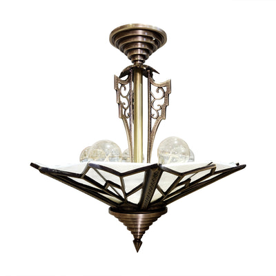 Antique Hardware 17 Inch Classic Art Deco Close Ceiling Light with White Stained Glass (Antique Brass Finish) ART DECO LIGHTING