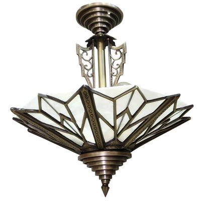 Antique Hardware 17 Inch Classic Art Deco Close Ceiling Light with White Stained Glass (Antique Brass Finish) ART DECO LIGHTING