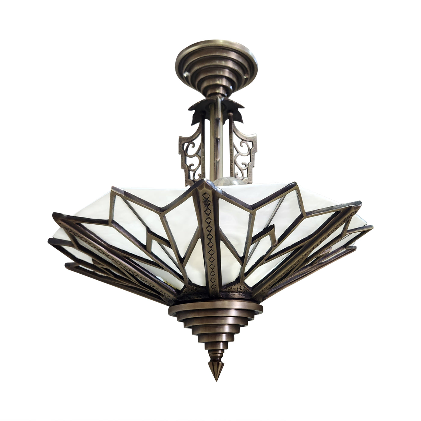 Antique Hardware 17 Inch Classic Art Deco Close Ceiling Light with White Stained Glass (Antique Brass Finish) ART DECO LIGHTING