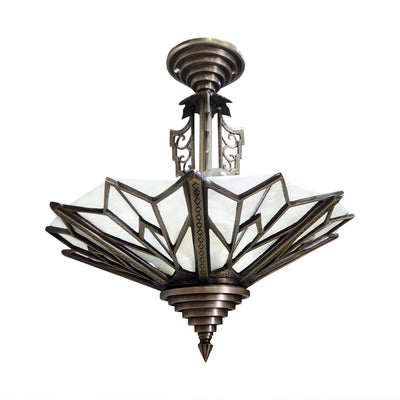Antique Hardware 17 Inch Classic Art Deco Close Ceiling Light with White Stained Glass (Antique Brass Finish) ART DECO LIGHTING