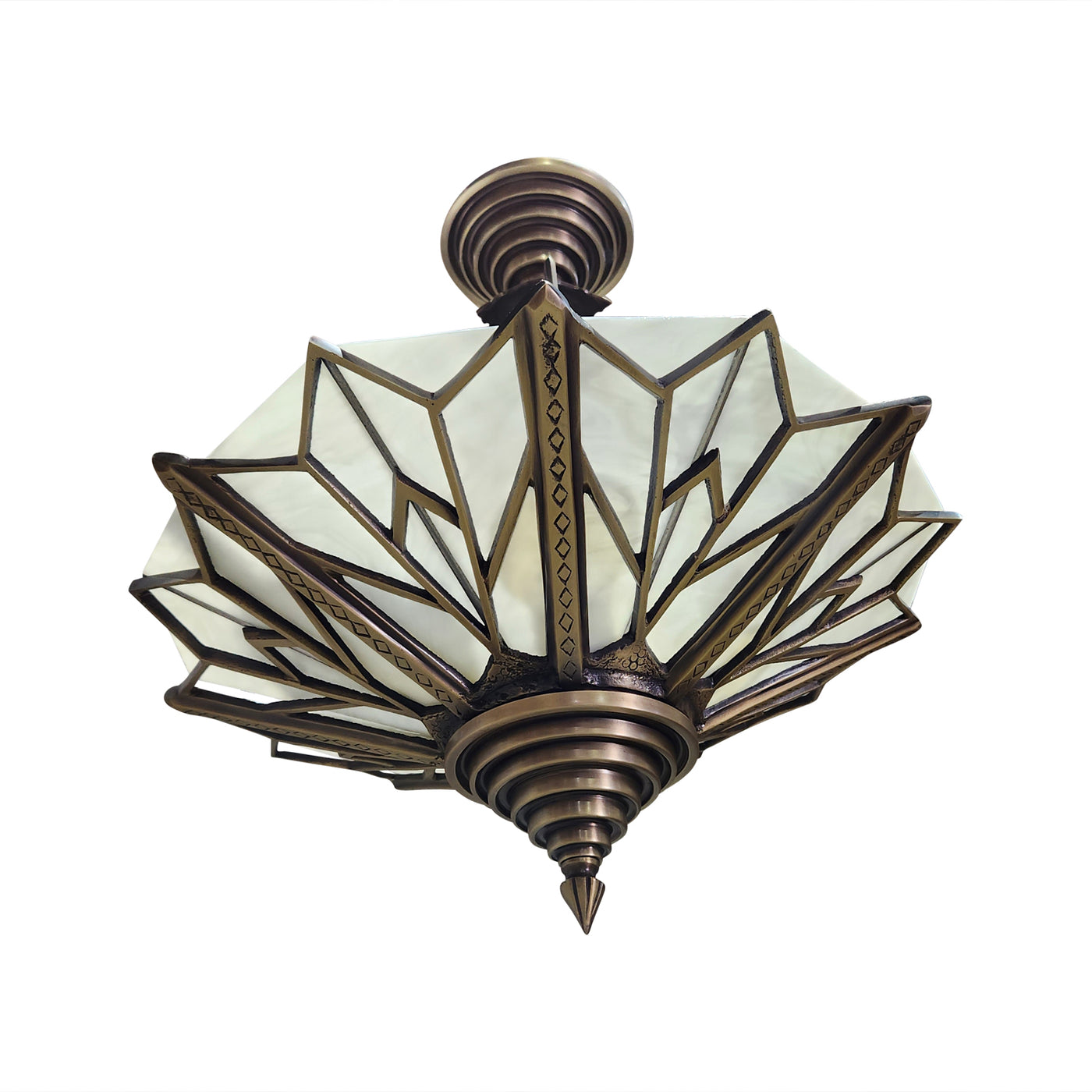 Antique Hardware 17 Inch Classic Art Deco Close Ceiling Light with White Stained Glass (Antique Brass Finish) ART DECO LIGHTING