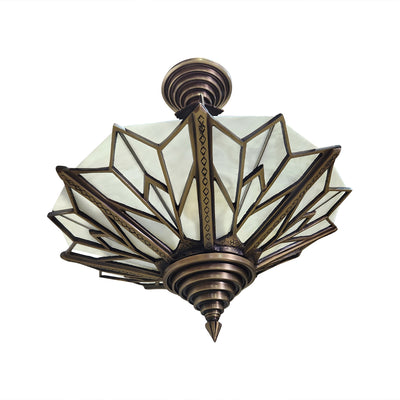 Antique Hardware 17 Inch Classic Art Deco Close Ceiling Light with White Stained Glass (Antique Brass Finish) ART DECO LIGHTING