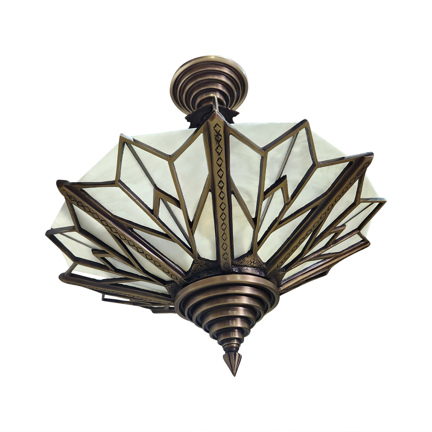 Antique Hardware 17 Inch Classic Art Deco Close Ceiling Light with White Stained Glass (Antique Brass Finish) ART DECO LIGHTING