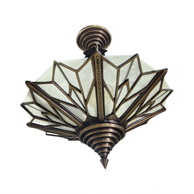 Antique Hardware 17 Inch Classic Art Deco Close Ceiling Light with White Stained Glass (Antique Brass Finish) ART DECO LIGHTING