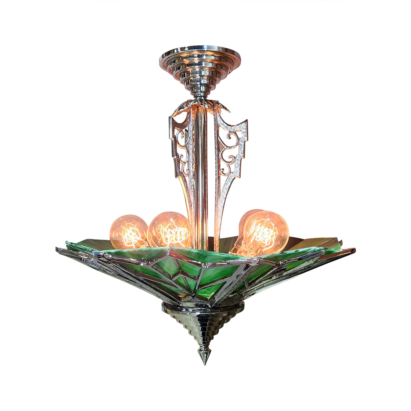 Antique Hardware 17 Inch Classic Art Deco Close Ceiling Light with Deco Green Glass (Polished Chrome Finish) ART DECO LIGHTING