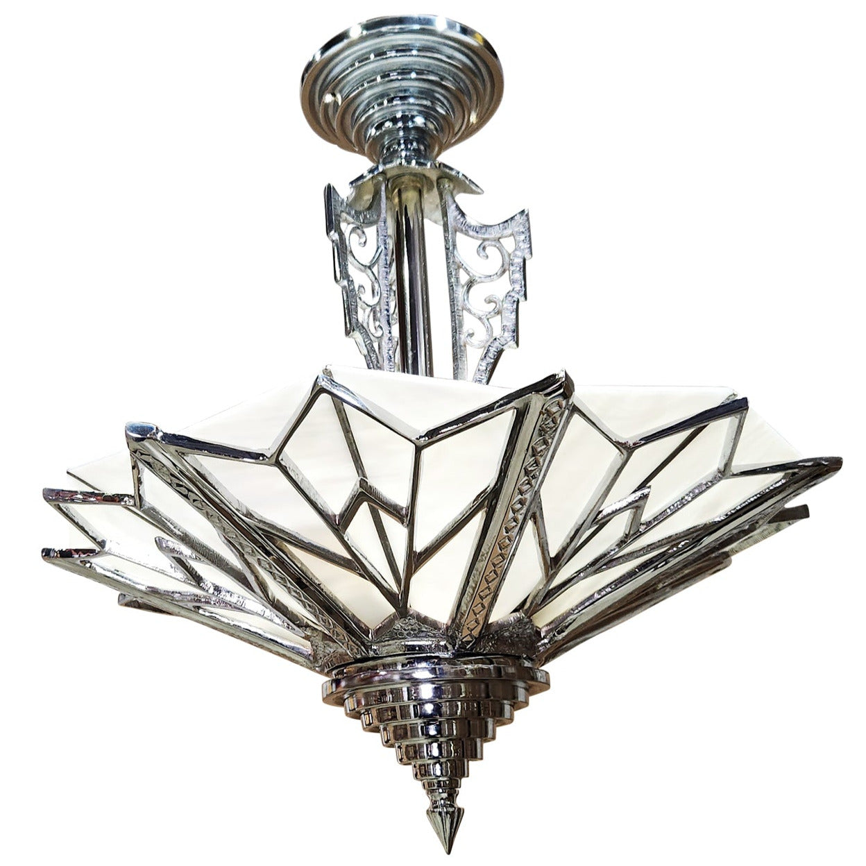 Antique Hardware 17 Inch Classic Art Deco Close Ceiling Light with White Stained Glass (Polished Chrome Finish) ART DECO LIGHTING