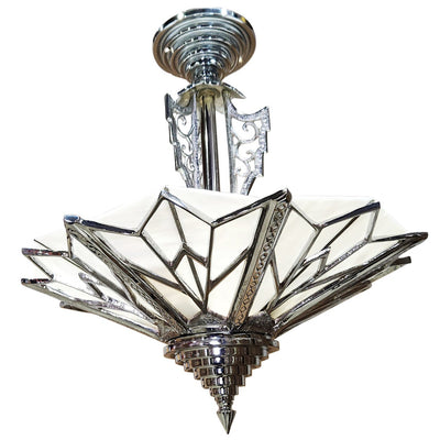 Antique Hardware 17 Inch Classic Art Deco Close Ceiling Light with White Stained Glass (Polished Chrome Finish) ART DECO LIGHTING