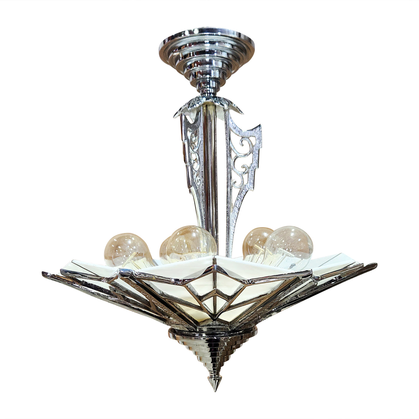 Antique Hardware 17 Inch Classic Art Deco Close Ceiling Light with White Stained Glass (Polished Chrome Finish) ART DECO LIGHTING