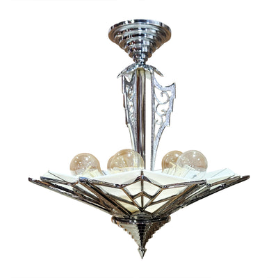 Antique Hardware 17 Inch Classic Art Deco Close Ceiling Light with White Stained Glass (Polished Chrome Finish) ART DECO LIGHTING