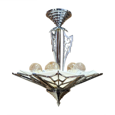 Antique Hardware 17 Inch Classic Art Deco Close Ceiling Light with White Stained Glass (Polished Chrome Finish) ART DECO LIGHTING