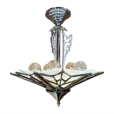 Antique Hardware 17 Inch Classic Art Deco Close Ceiling Light with White Stained Glass (Polished Chrome Finish) ART DECO LIGHTING