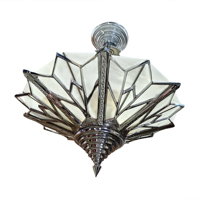 Antique Hardware 17 Inch Classic Art Deco Close Ceiling Light with White Stained Glass (Polished Chrome Finish) ART DECO LIGHTING