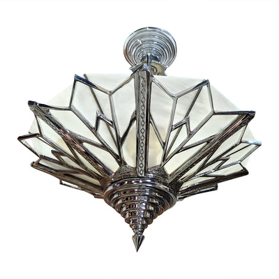 Antique Hardware 17 Inch Classic Art Deco Close Ceiling Light with White Stained Glass (Polished Chrome Finish) ART DECO LIGHTING