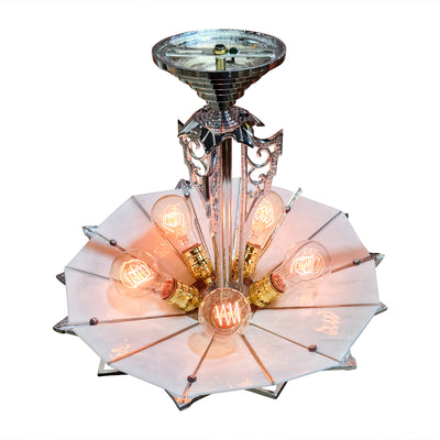 Antique Hardware 17 Inch Classic Art Deco Close Ceiling Light with White Stained Glass (Polished Chrome Finish) ART DECO LIGHTING