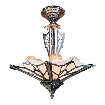Antique Hardware 17 Inch Classic Art Deco Close Ceiling Light with White Stained Glass (Polished Chrome Finish) ART DECO LIGHTING