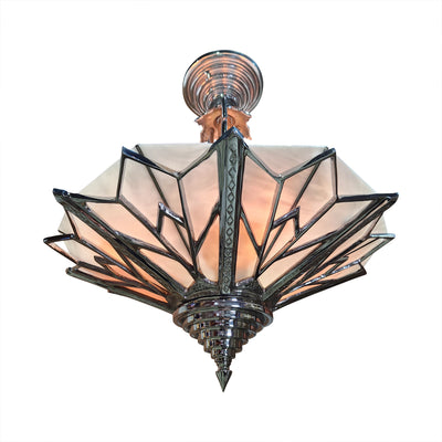 Antique Hardware 17 Inch Classic Art Deco Close Ceiling Light with White Stained Glass (Polished Chrome Finish) ART DECO LIGHTING