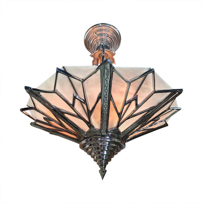Antique Hardware 17 Inch Classic Art Deco Close Ceiling Light with White Stained Glass (Polished Chrome Finish) ART DECO LIGHTING