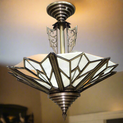 Antique Hardware 17 Inch Classic Art Deco Close Ceiling Light with White Stained Glass (Antique Brass Finish) ART DECO LIGHTING