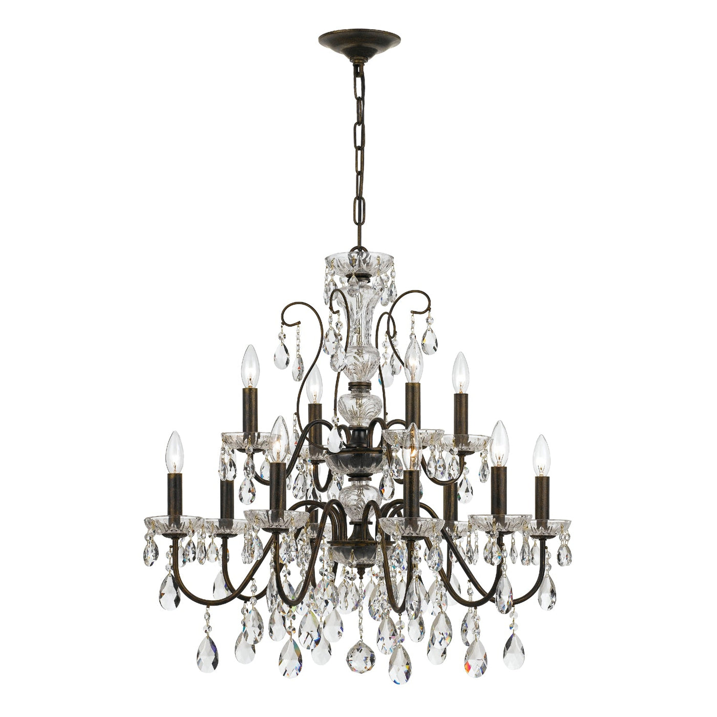 Antique Hardware Butler 12 Light Hand Cut Crystal English Bronze Chandelier Chandelier
