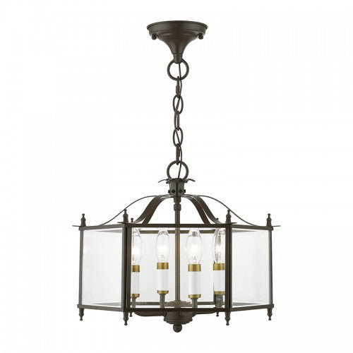 ##Antique Hardware## 4 Light English Bronze with Antique Brass Accents Convertible Pendant / Semi-Flush