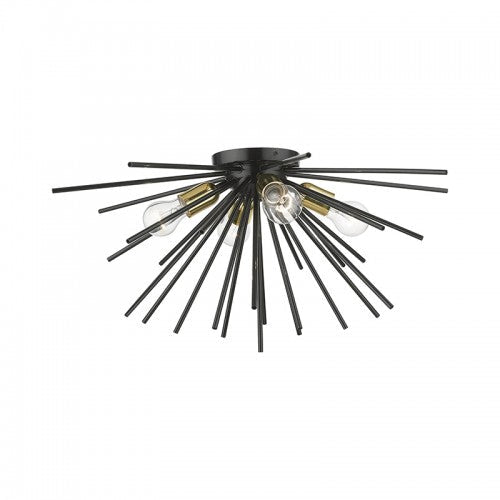 ##Antique Hardware## 4 Light Shiny Black with Polished Brass Accents Large Flush Mount