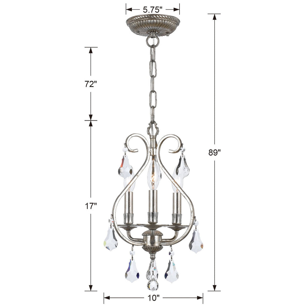 ##Antique Hardware## Ashton 3 Light Swarovski Strass Crystal Olde Silver Mini Chandelier