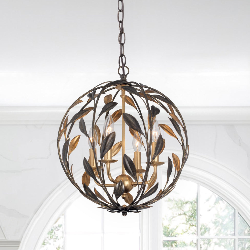 ##Antique Hardware## Broche 4 Light English Bronze + Antique Gold Sphere Mini Chandelier