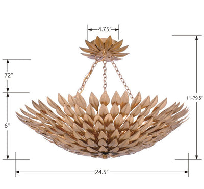 ##Antique Hardware## Broche 6 Light Antique Gold Semi Flush Mount