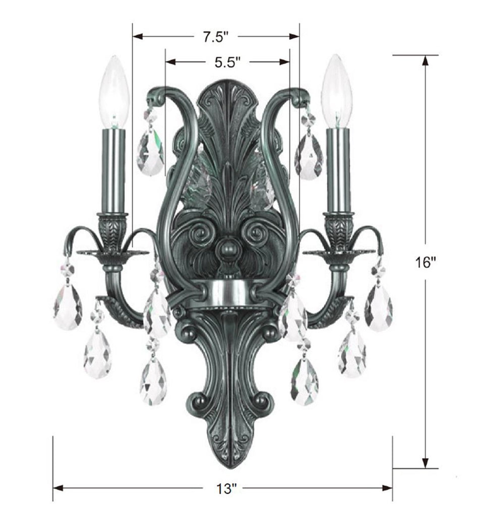 ##Antique Hardware## Dawson 2 Light Hand Cut Crystal Pewter Sconce