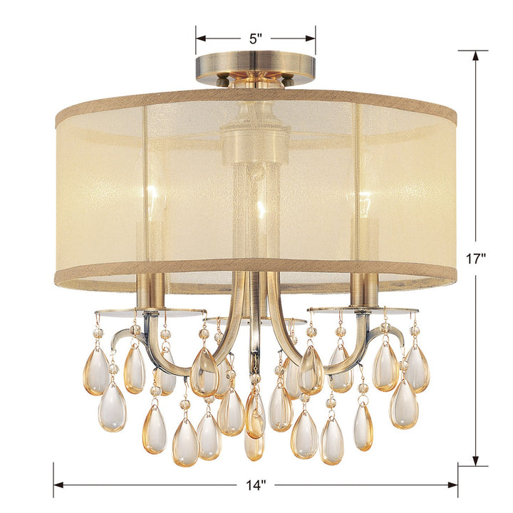 ##Antique Hardware## Hampton 3 Light Antique Brass Etruscan Crystal Drum Shade Semi Flush Mount